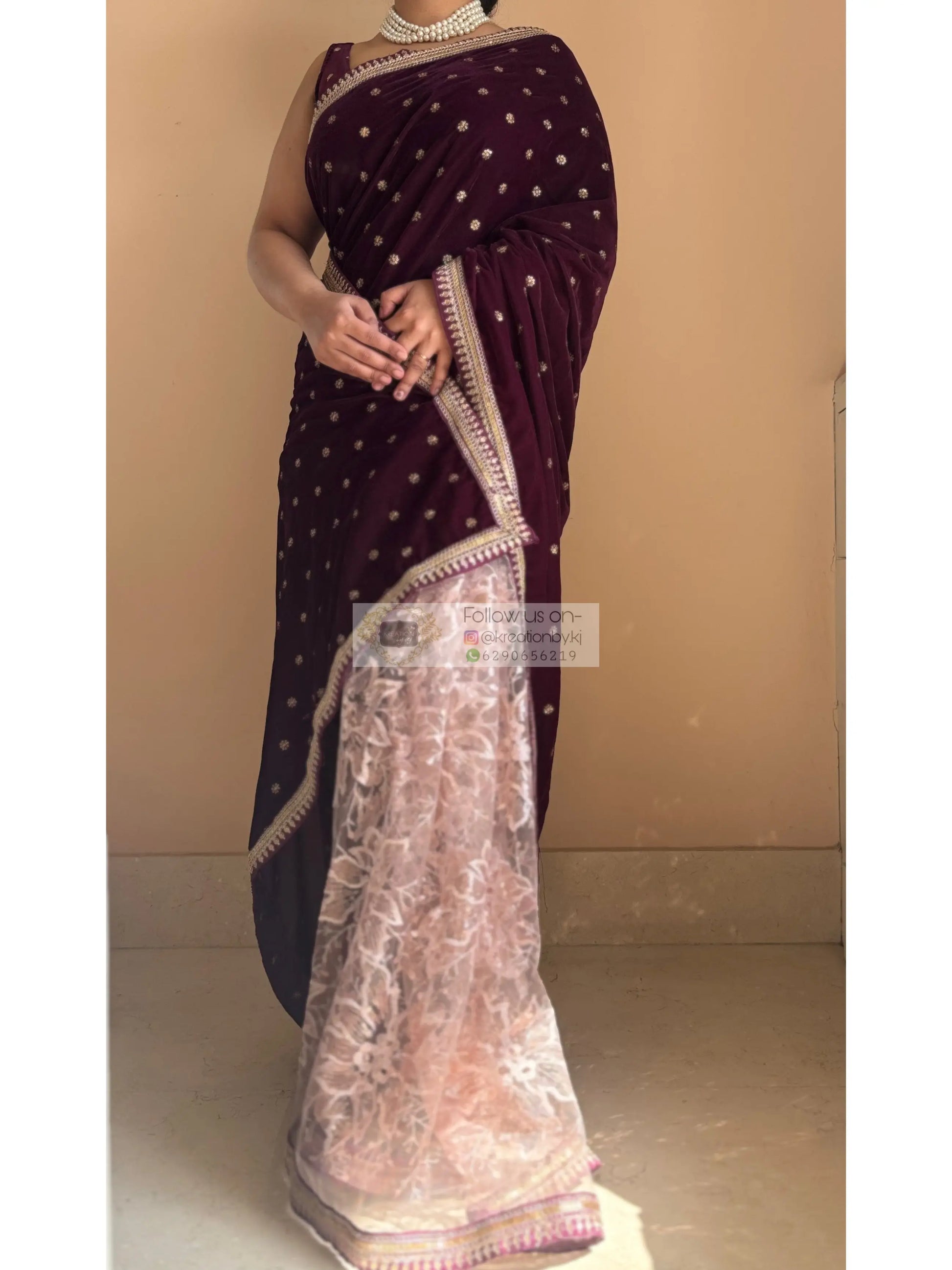 Purple Wine Velvet And Net Embellished Saree Kreation by KJ