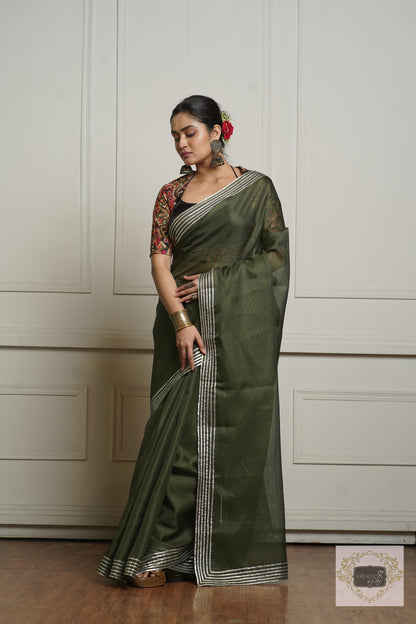 Olive Green Kota Silver Lining Saree