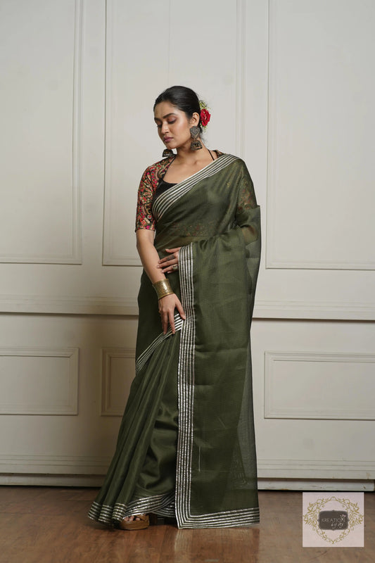 Olive Green Kota Silver Lining Saree With Gota Border kreationbykj