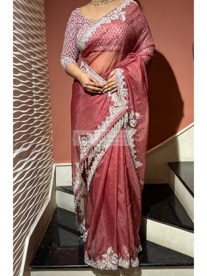 Salmon Pink Hand-embroidered Saree kreationbykj