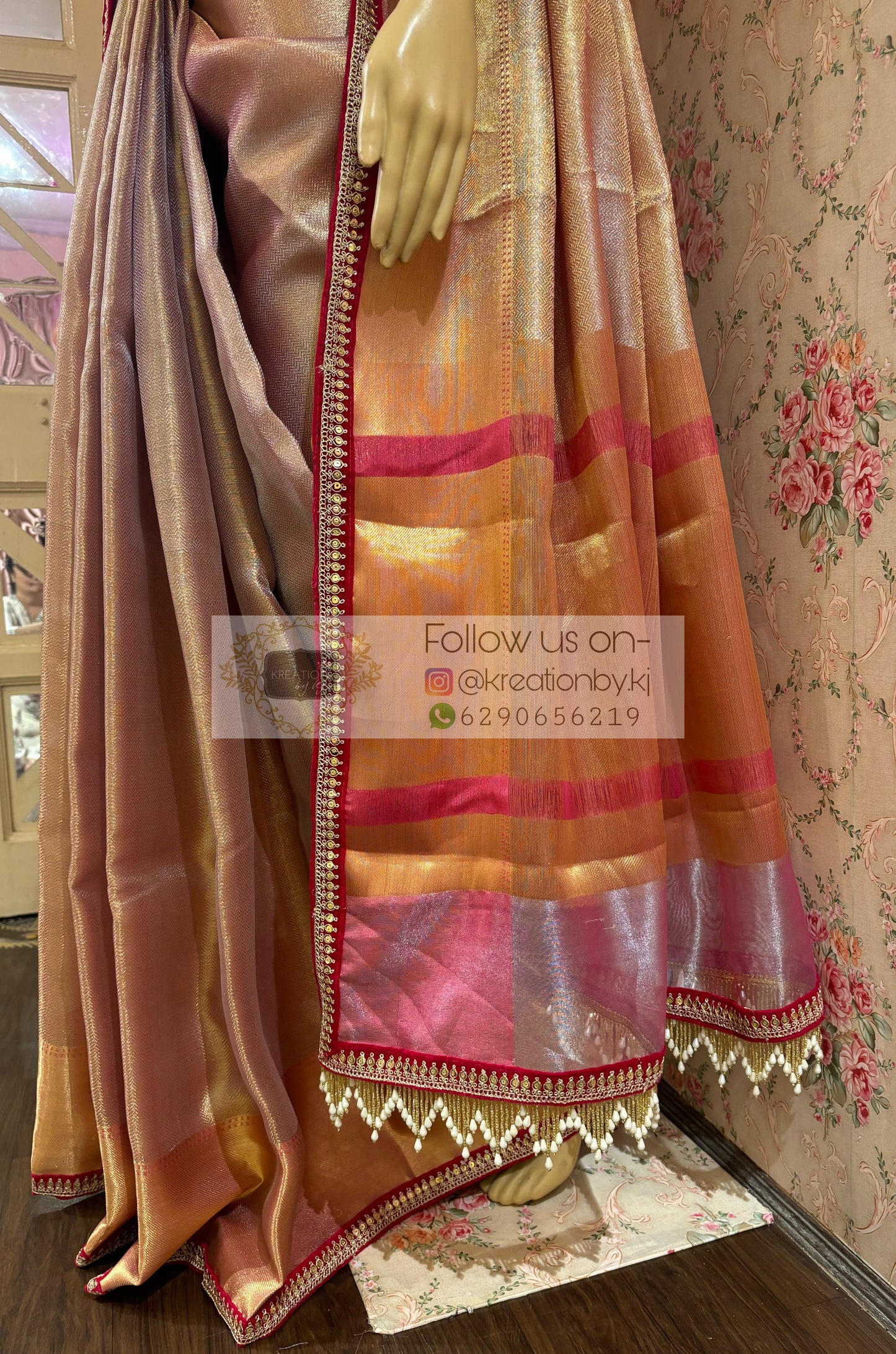 Dusty Pink Tissue Saree with Hand made Tassels in Pallu