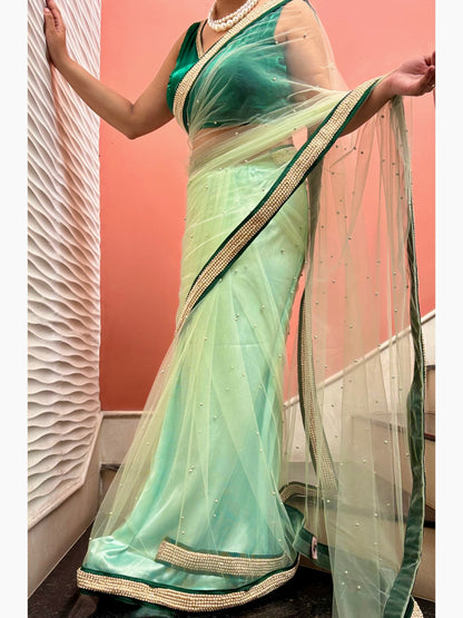 Pistachio Pearl Designer Net Saree With Pearl Border