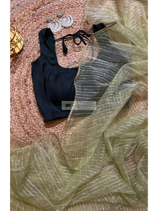 Pastel Green Organza Saree with Stripes kreationbykj
