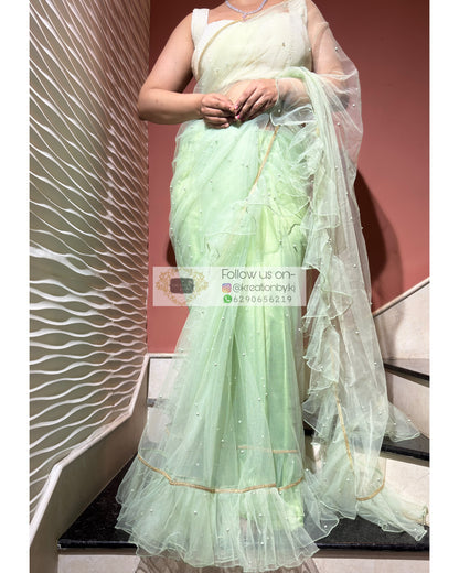 Soft Mint Green Ruffle Net Saree