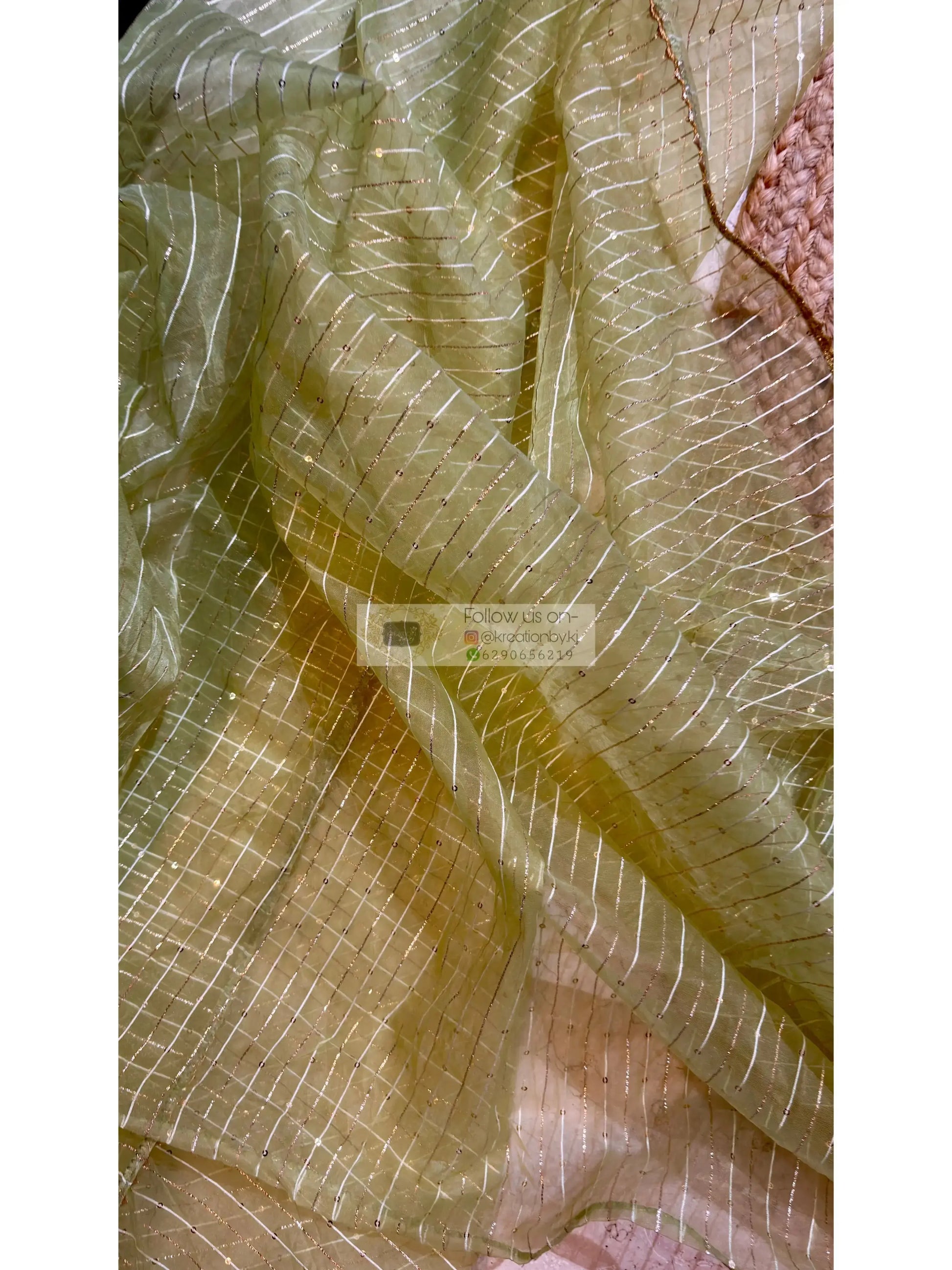 Pastel Green Organza Saree with Stripes kreationbykj