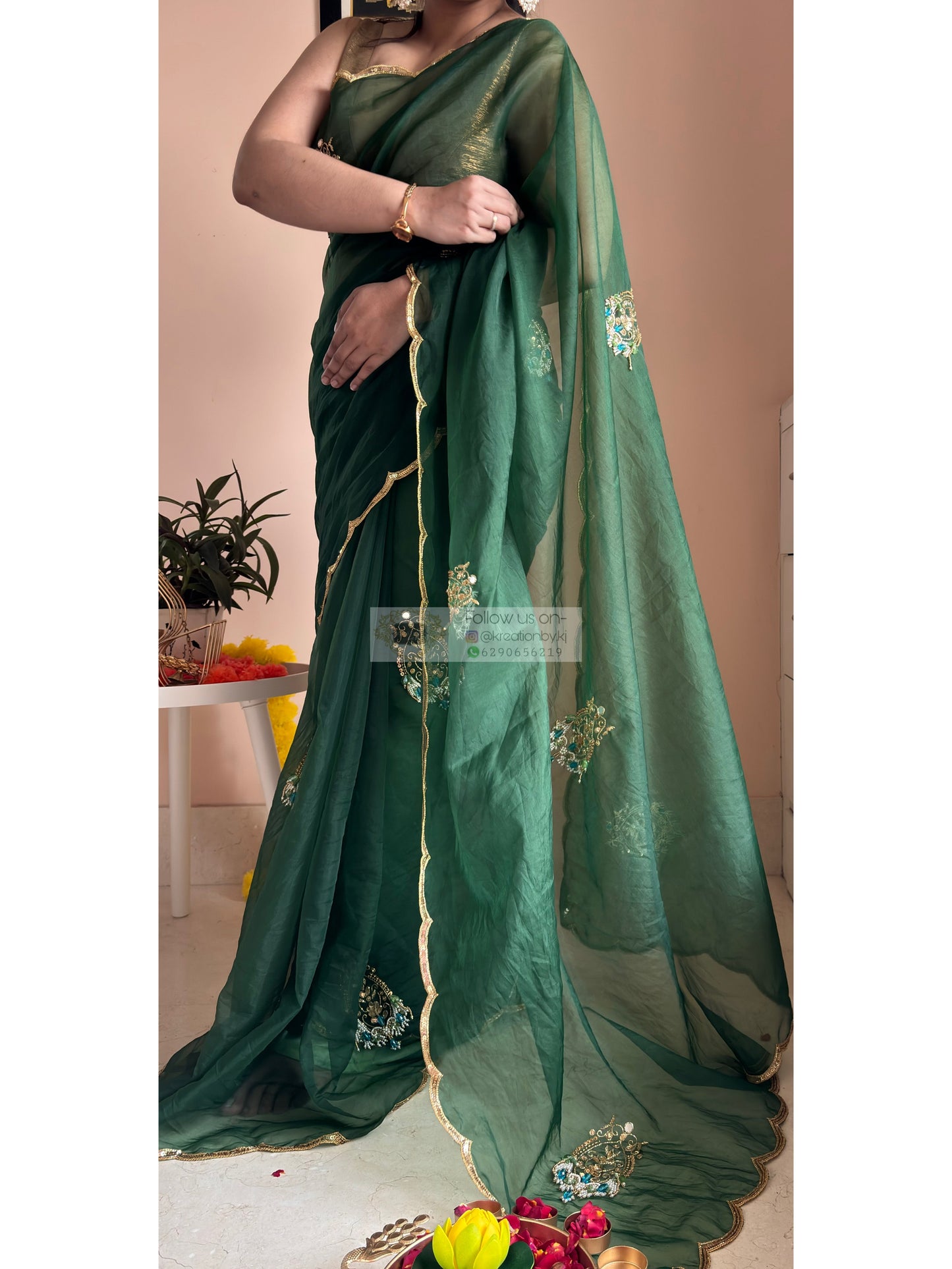 Scent of Yesterday Bottle Green Organza Saree Kreation by KJ
