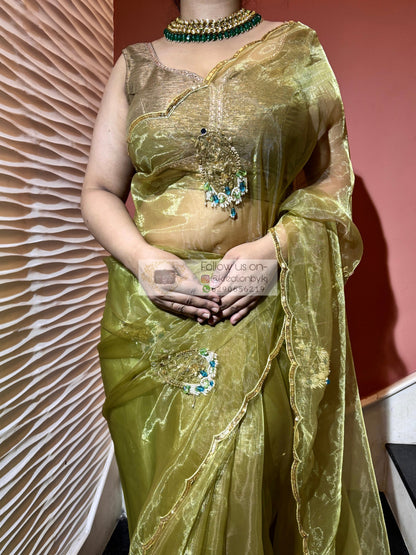 Scent of Yesterday Pista Green Glass Tissue Saree Kreation by KJ