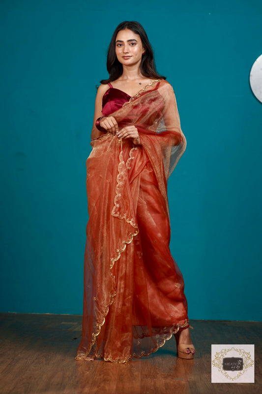 Marigold Glass Tissue Sequins Piyali Saree