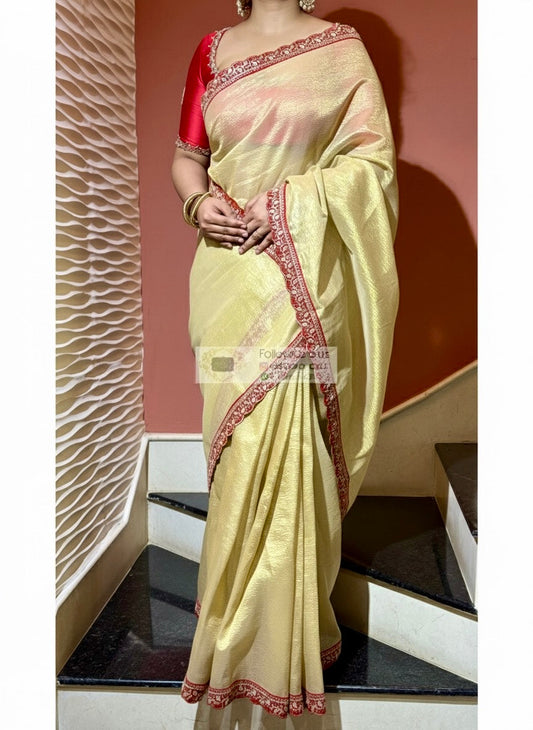 Golden Beige Crushed Tissue Saree with Red Border kreationbykj