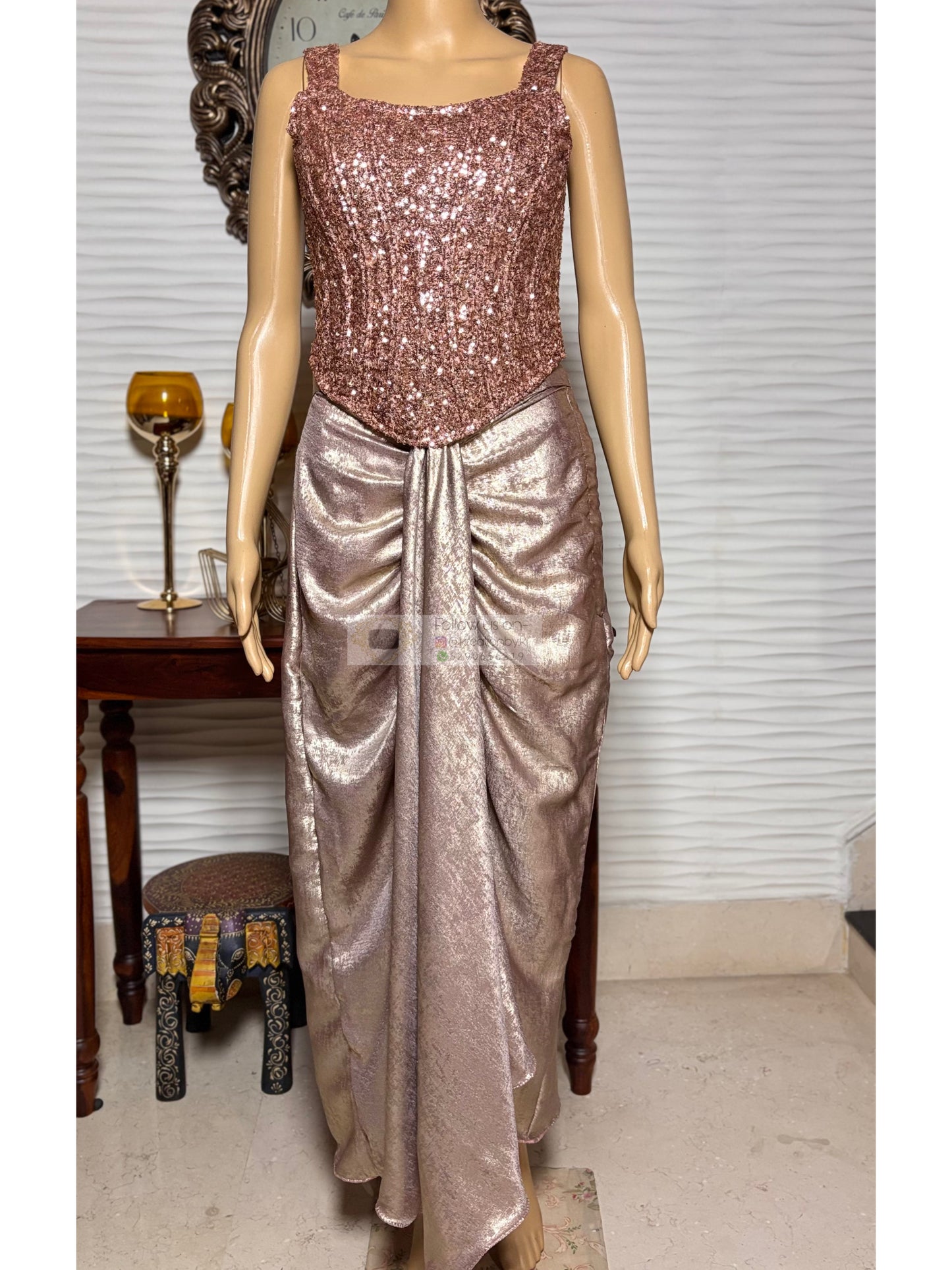 Mauve Shimmer Drape Skirt Set