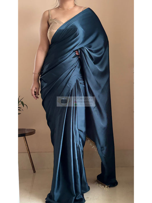 Midnight Blue Satin Silk Saree With Handmade Tassels On Pallu kreationbykj