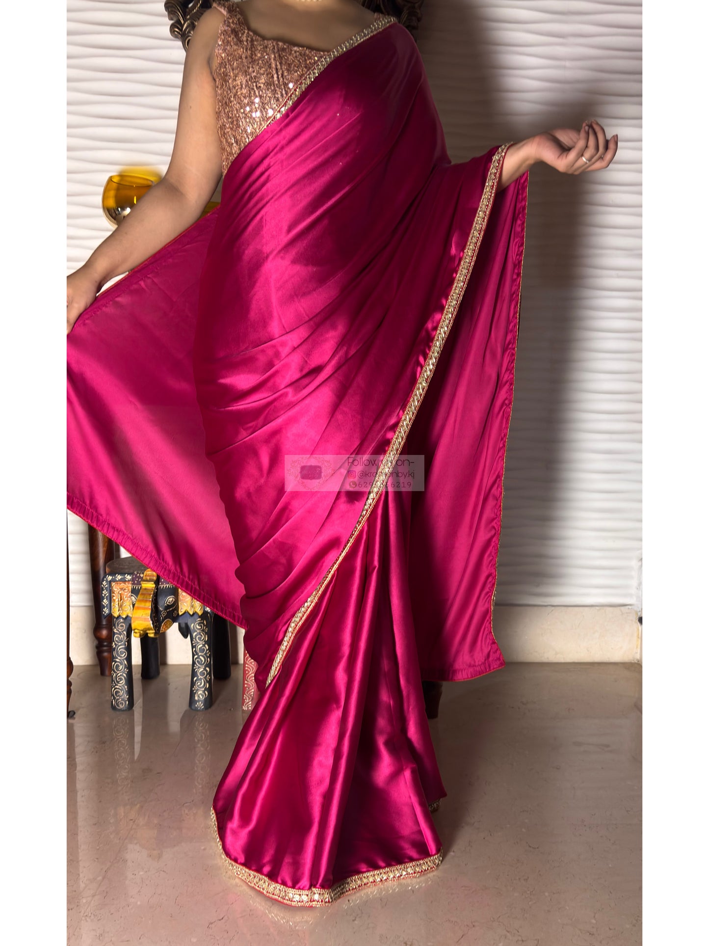 Hot Pink Satin Silk Cocktail Saree