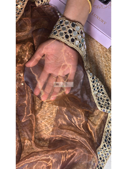 Copper Brown Glass Tissue Saree With Real Cut Mirror Border Kreation by KJ