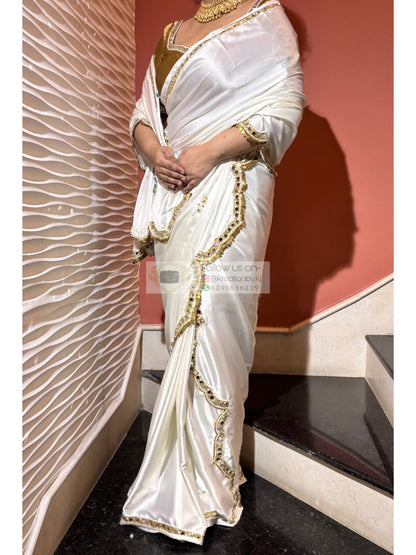 Snow Creme Satin Silk Saree With Real Mirror Work Kreation by KJ