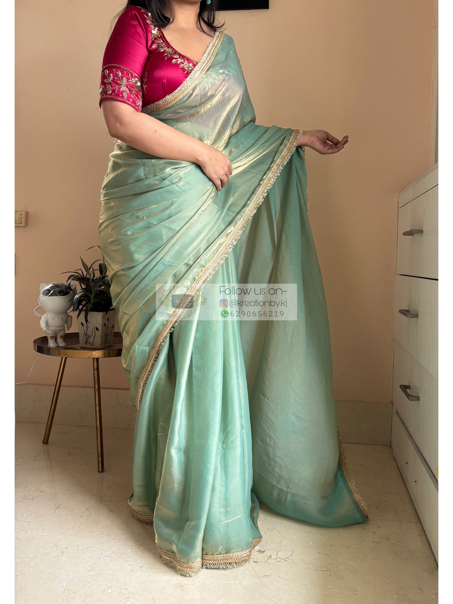Pastel Green Metallic Shimmer Banno Saree kreationbykj