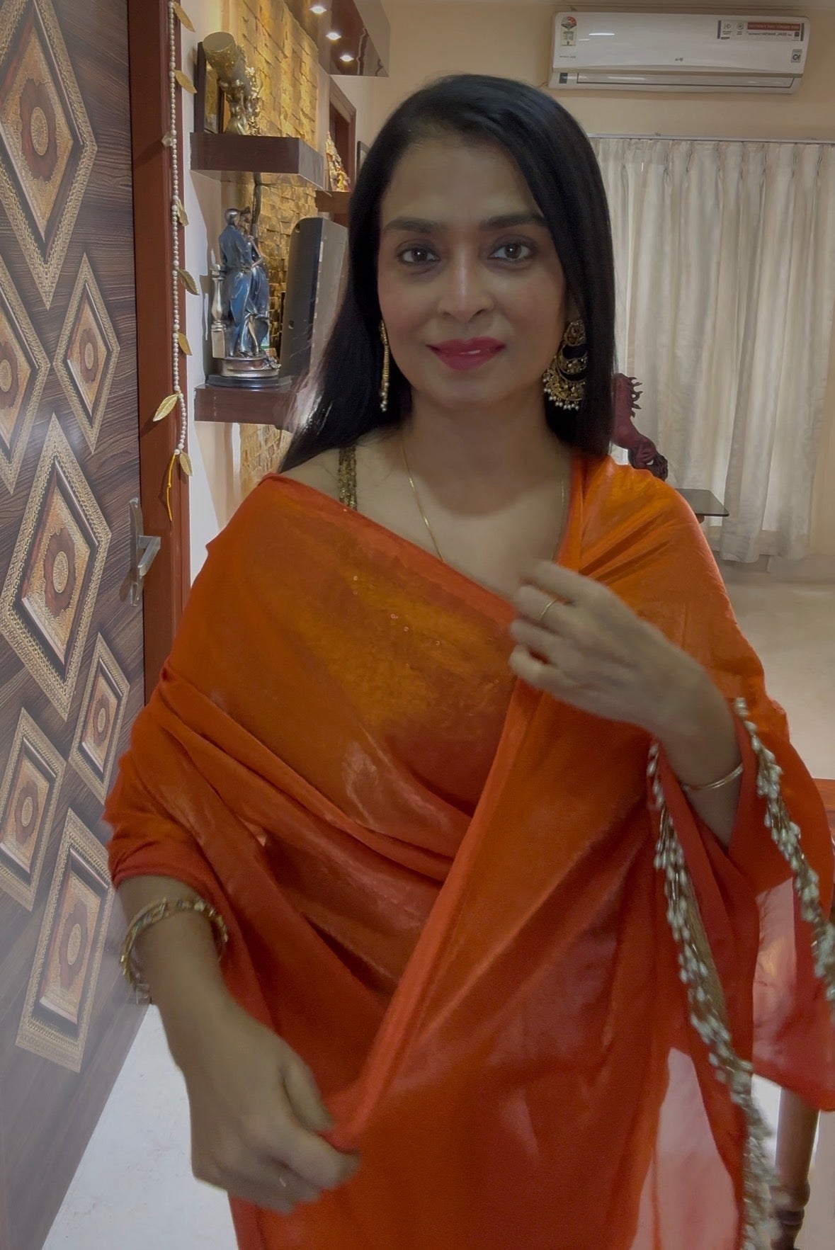 Fanta Orange Metallic Satin Saree