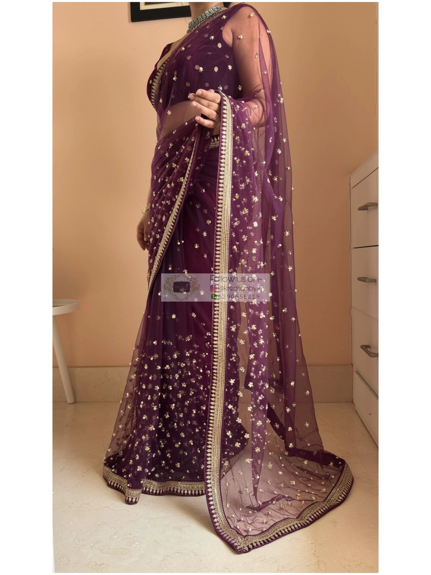 Wine Embellished Net Saree Kreation by KJ