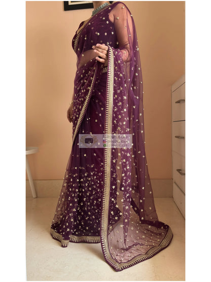 Wine Embellished Net Saree Kreation by KJ