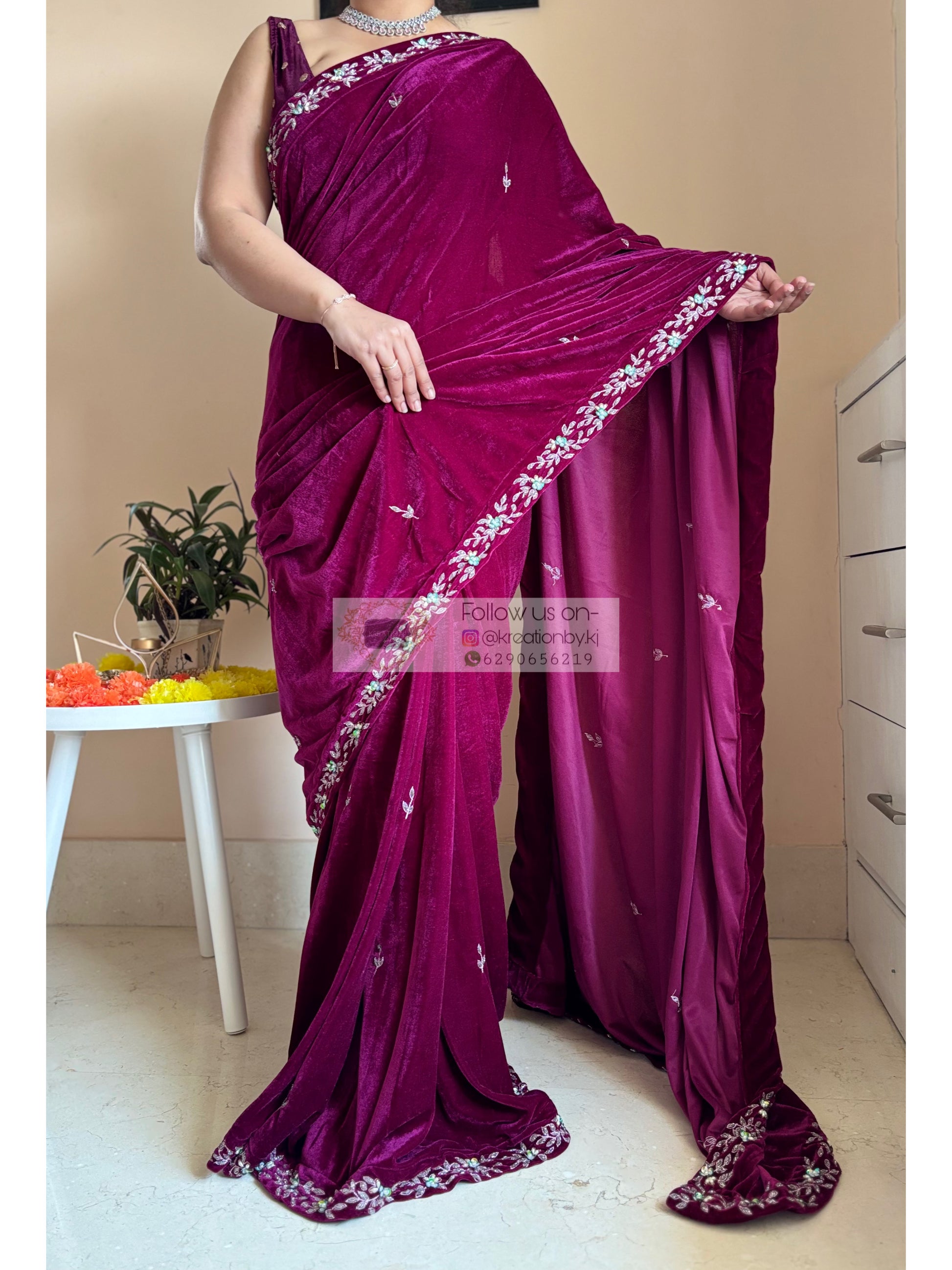 wine velvet saree with zardosi work