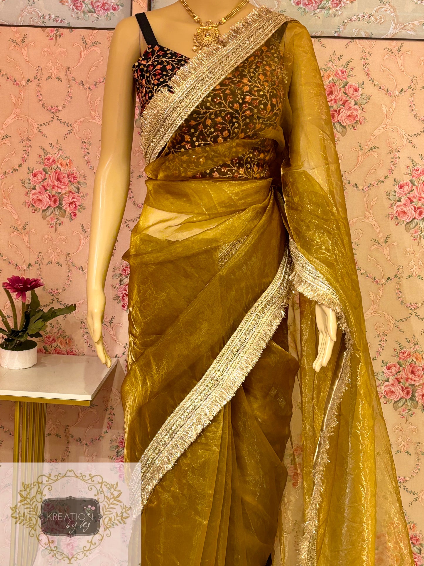 Amber Gold Glass Tissue Banno Saree