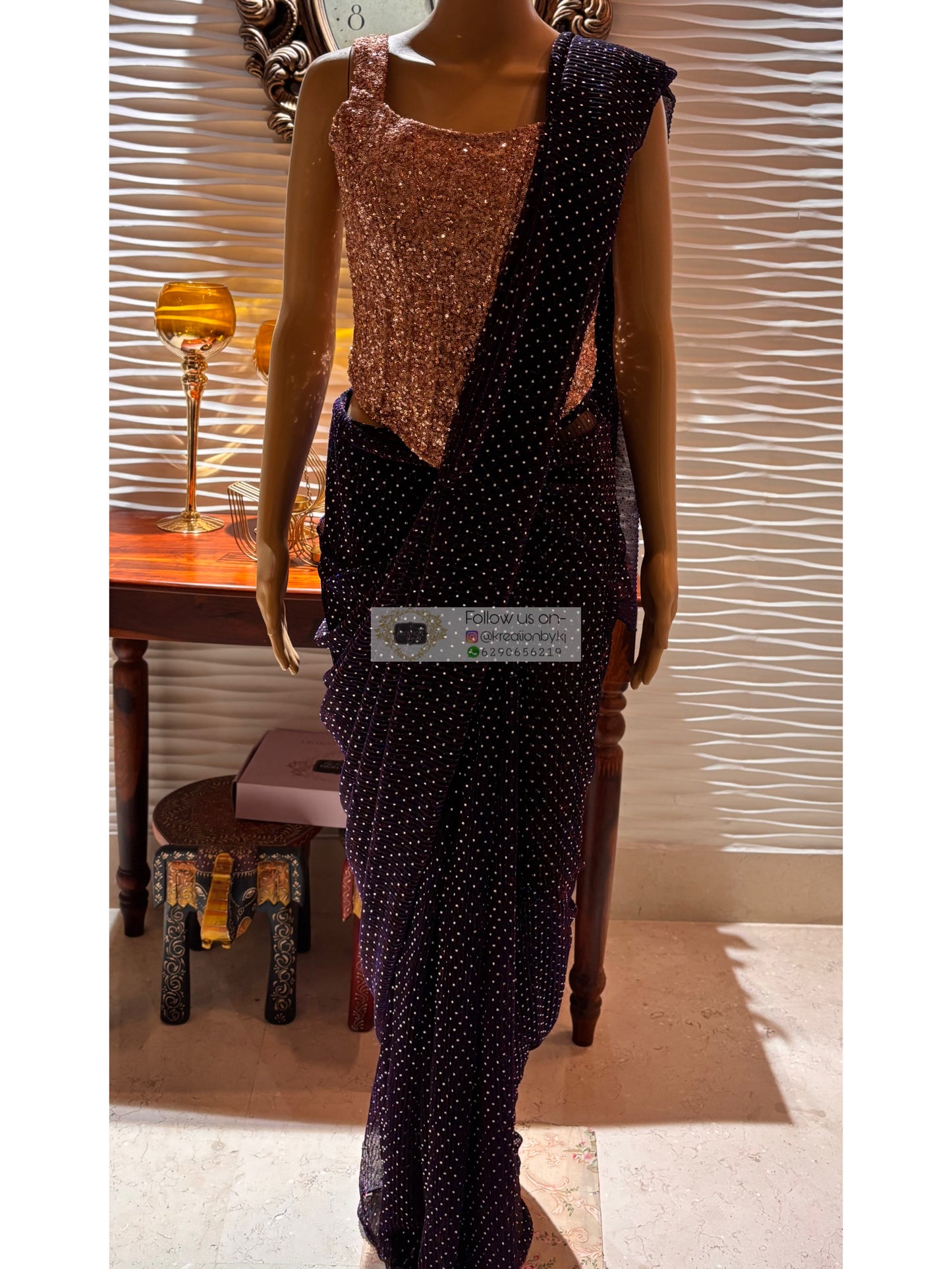 Midnight Purple Shimmer Drape Saree With Embellished Corset