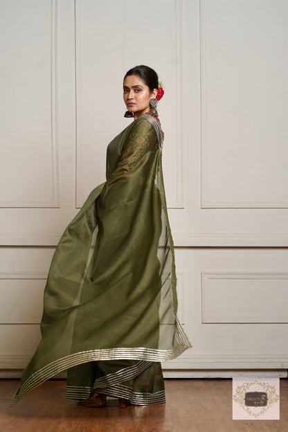 Olive Green Kota Silver Lining Saree