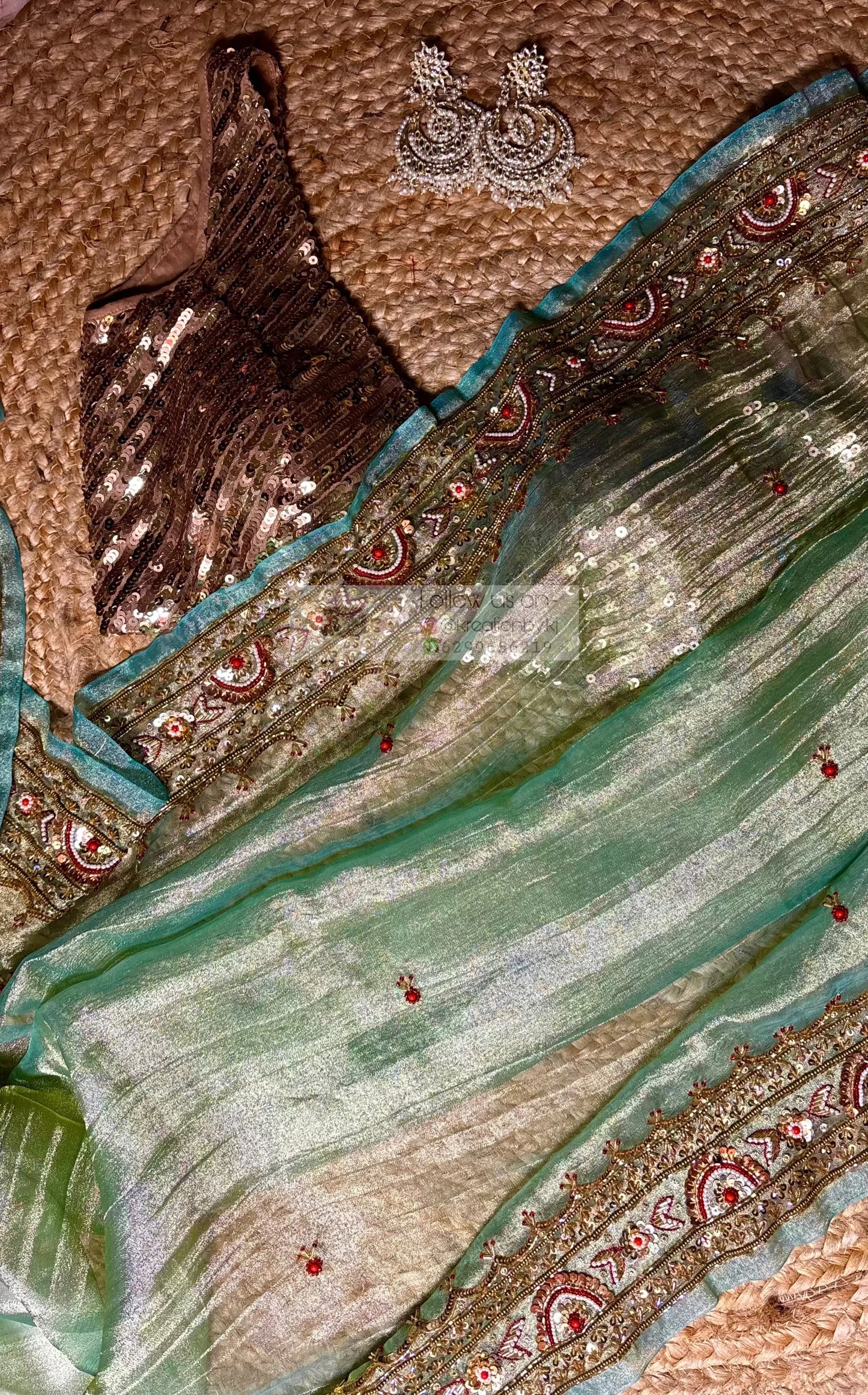 Crushed Green Tissue Saree With Hand embroidered Border