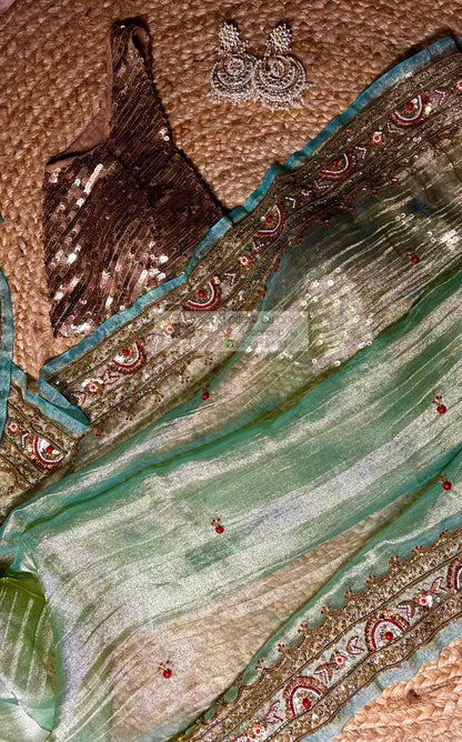 Crushed Green Tissue Saree With Hand embroidered Border