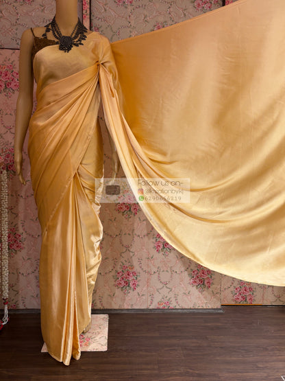 Tuscany Beige Satin Silk Saree with Handmade Tassels on Pallu