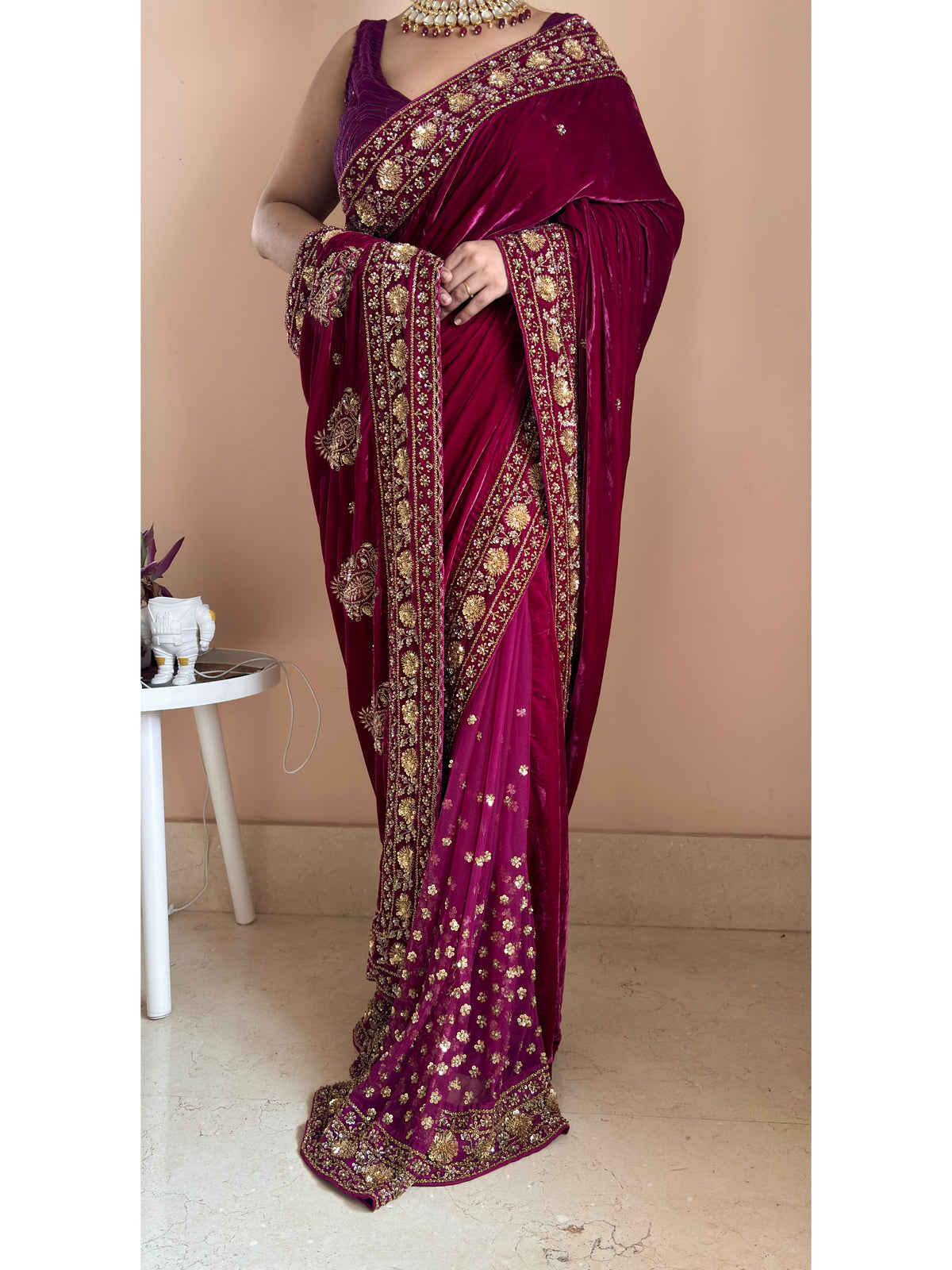 Purple Wine Vows in Velvet Saree