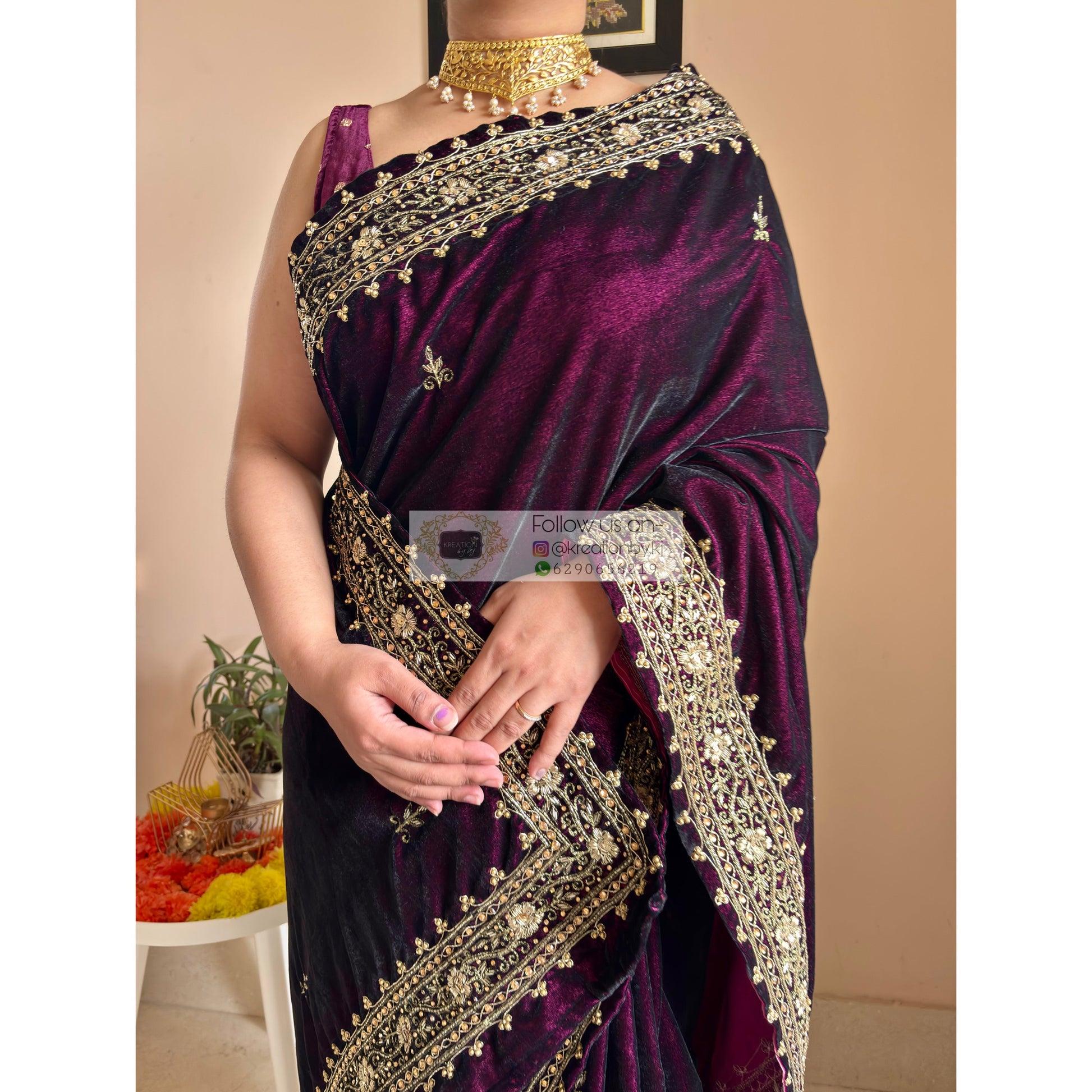 Dark Wine Velvet Zarina Saree Kreation by KJ