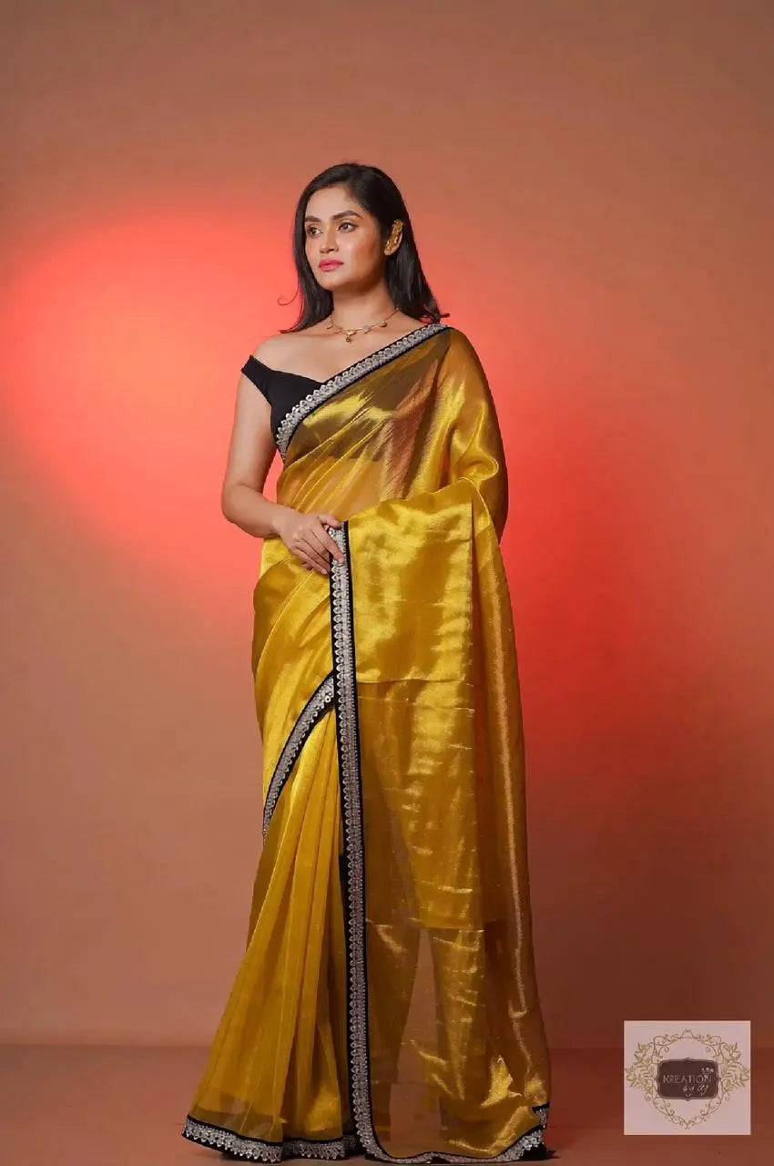 Golden Yellow Zari Tissue Cocktail Saree kreationbykj