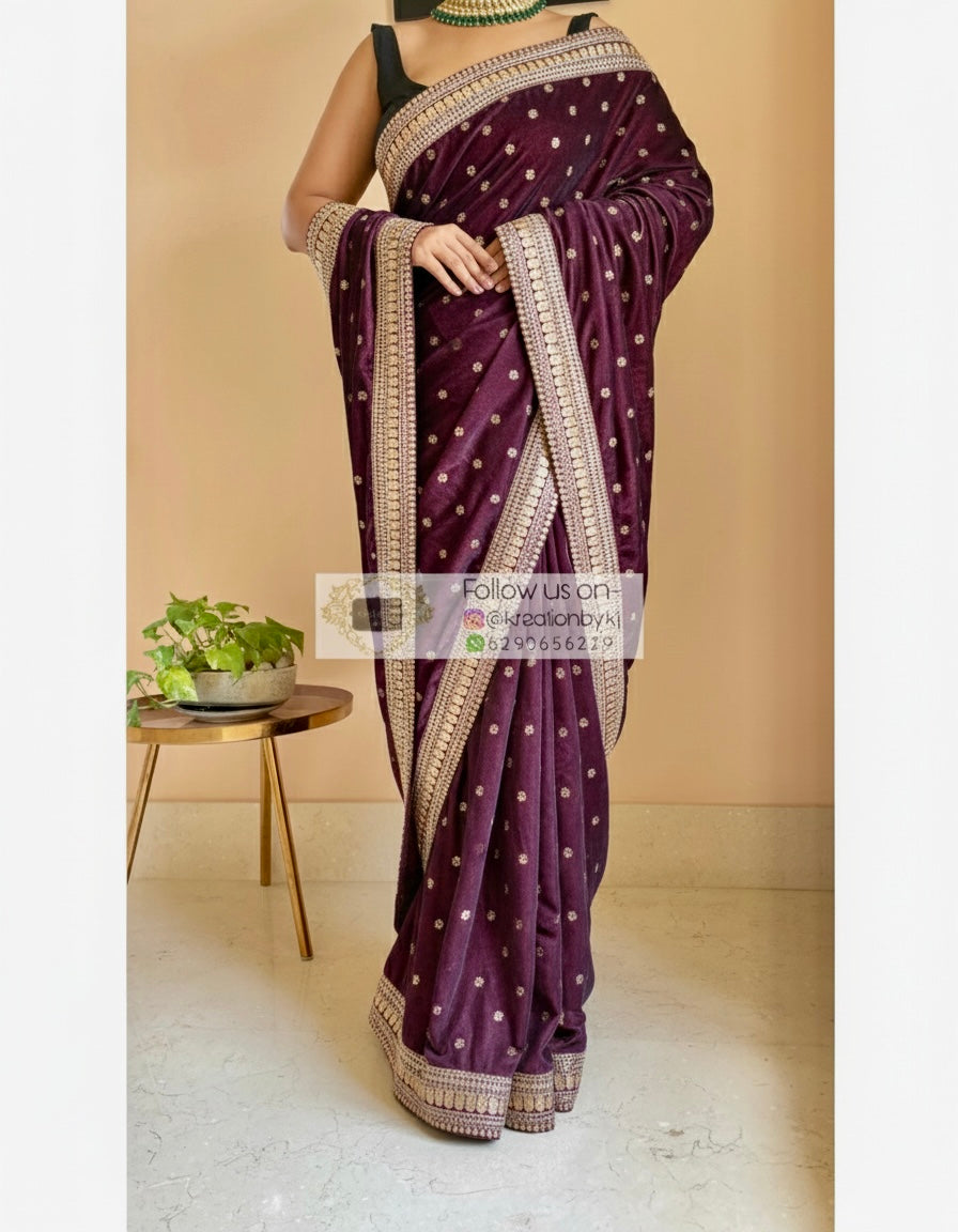 Purple Wine Velvet Saree With Border