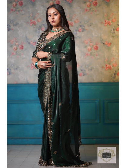 Bottle Green Shimmer Satin Sheesh Mahal Saree