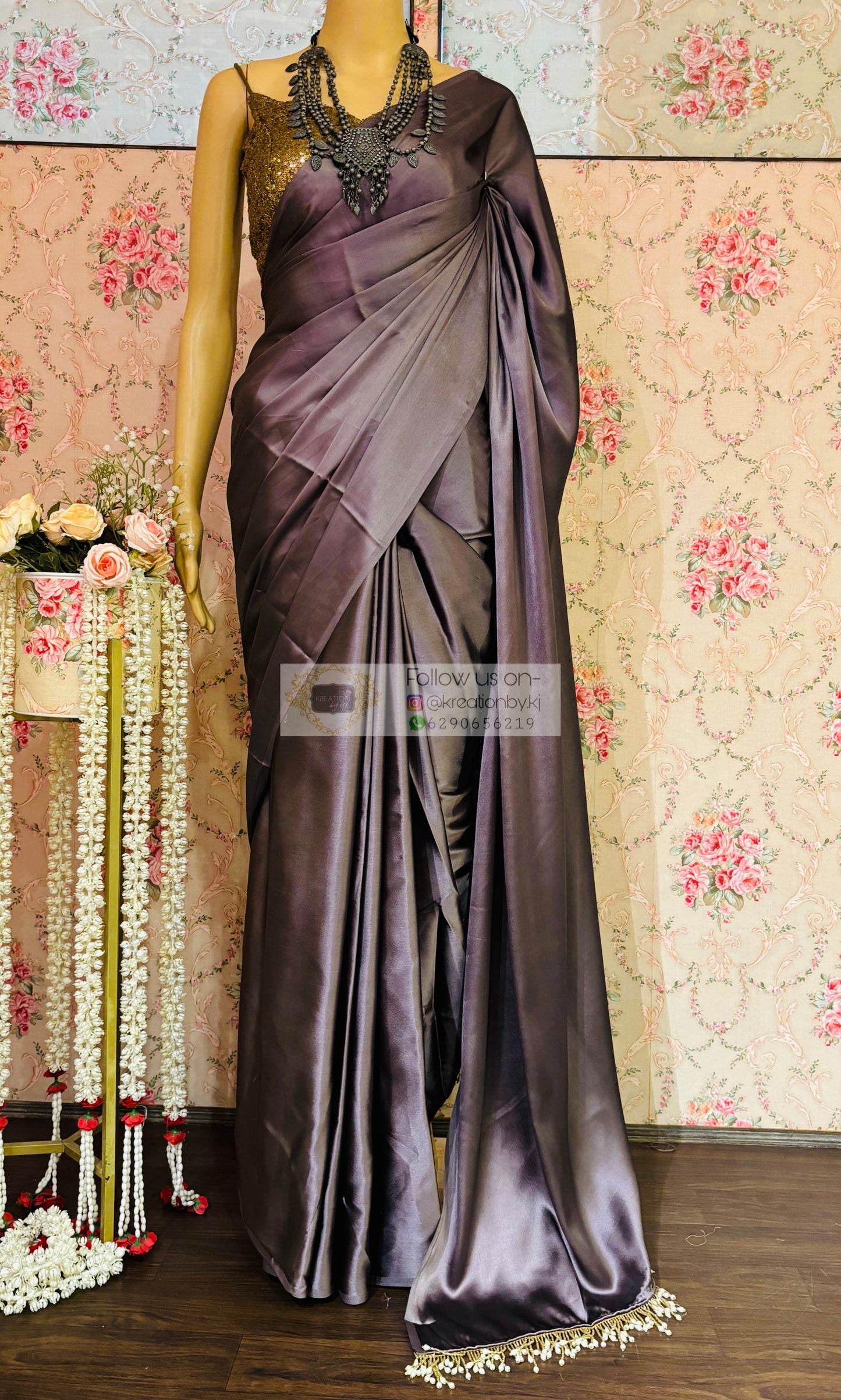 Purple Mauve Satin Silk Saree with Handmade Tassels on Pallu