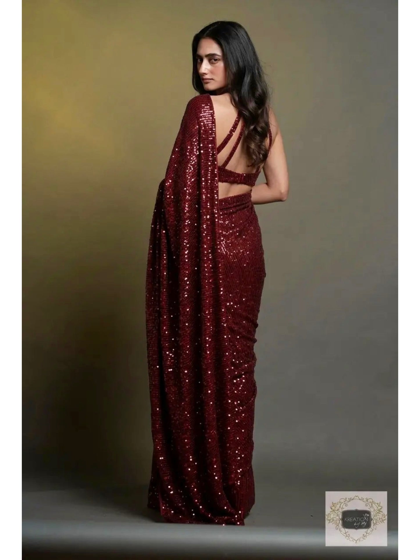 Maroon Knitted Sequin Saree
