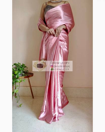 Old Rose Satin Silk Saree With Handmade Tassels On Pallu