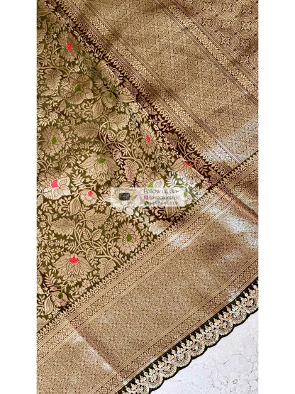 Mehndi Green Minakari Banarasi Saree With Antique Zari Work
