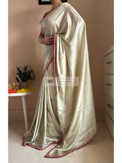 Cream with Green Hues Satin Silk Saree