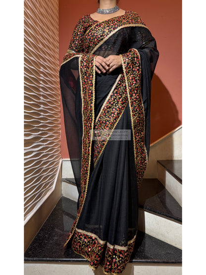 Black Crushed Chiffon Saree with Embellished Border