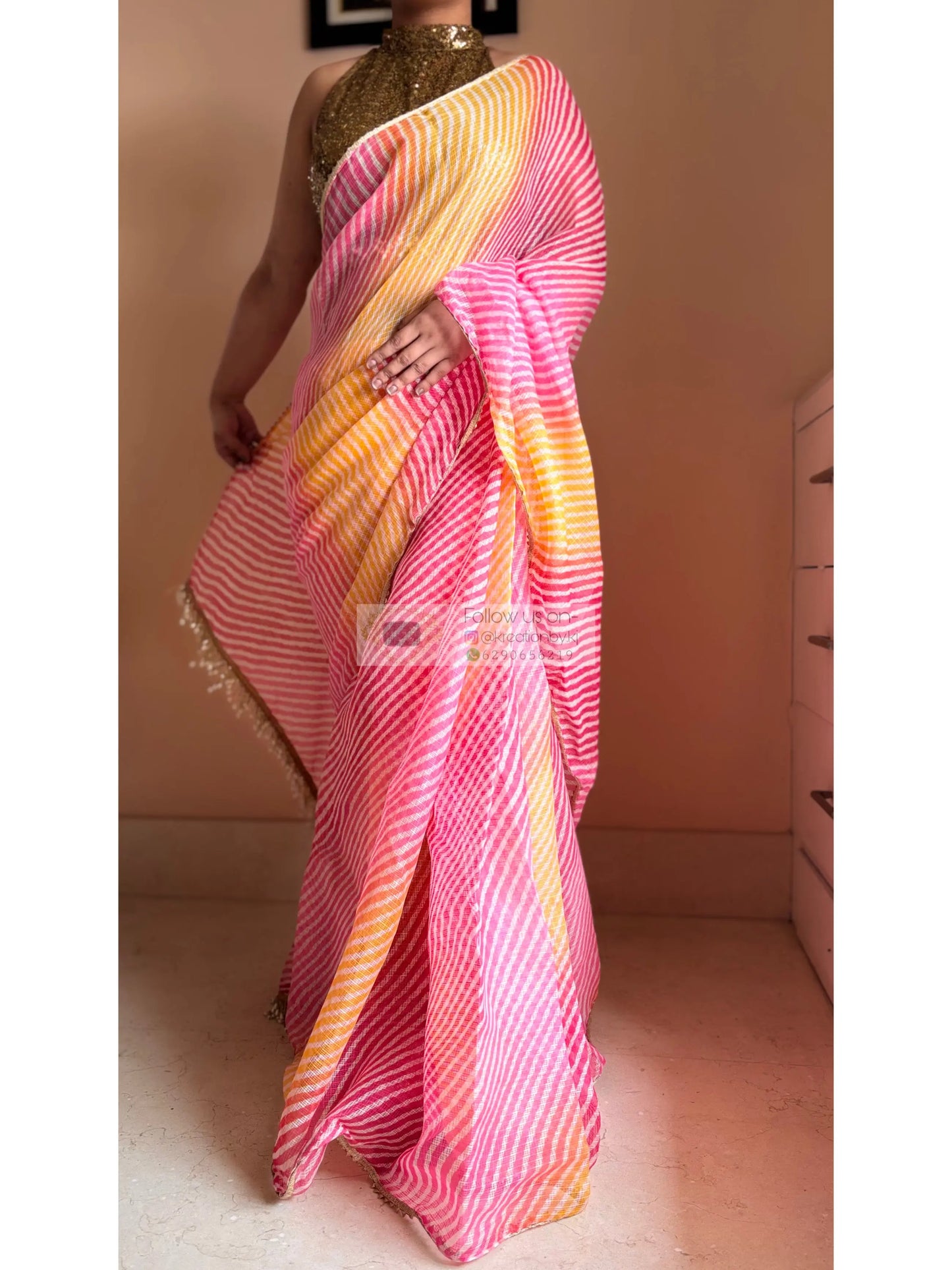 Pink Yellow Leheriya Ombre Saree
