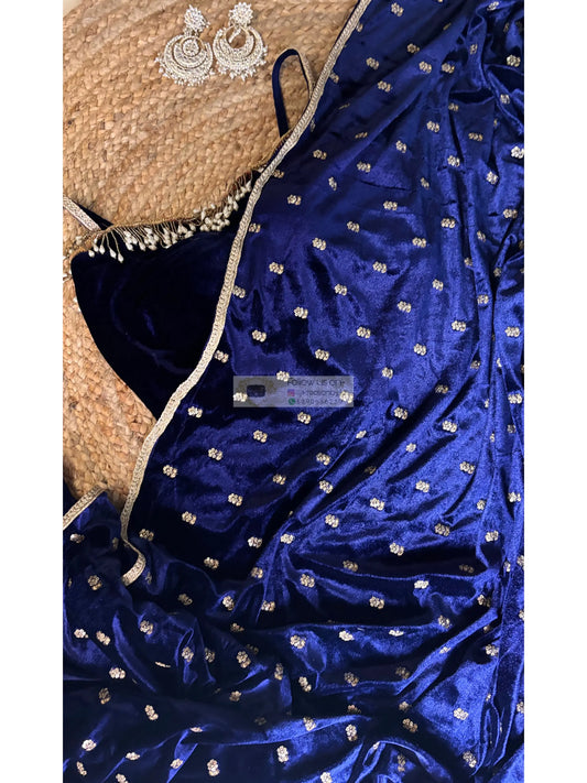 Navy Blue Velvet Silk Embellished Saree Kreation by KJ
