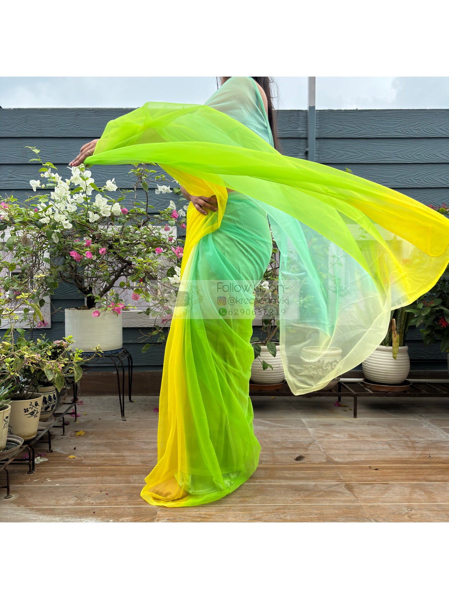Green and yellow Net Ombre Saree kreationbykj