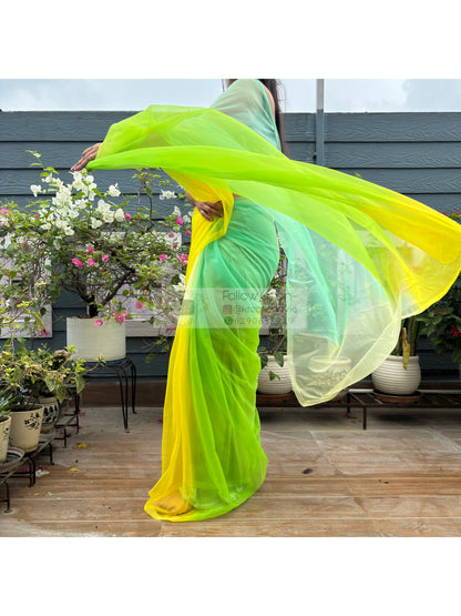 Green and yellow Net Ombre Saree kreationbykj
