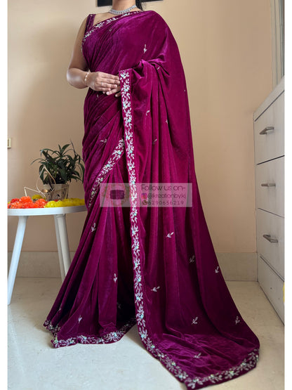 wine velvet saree for cocktail