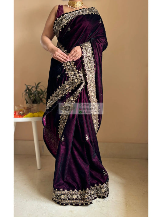 Dark Wine Velvet Zarina Saree Kreation by KJ