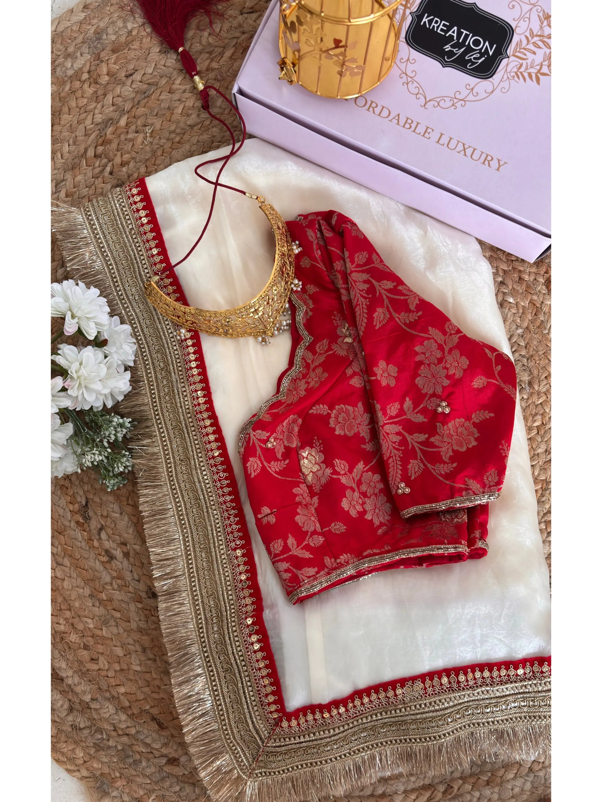 Cream Shimmer Satin Banno Saree Kreation by KJ