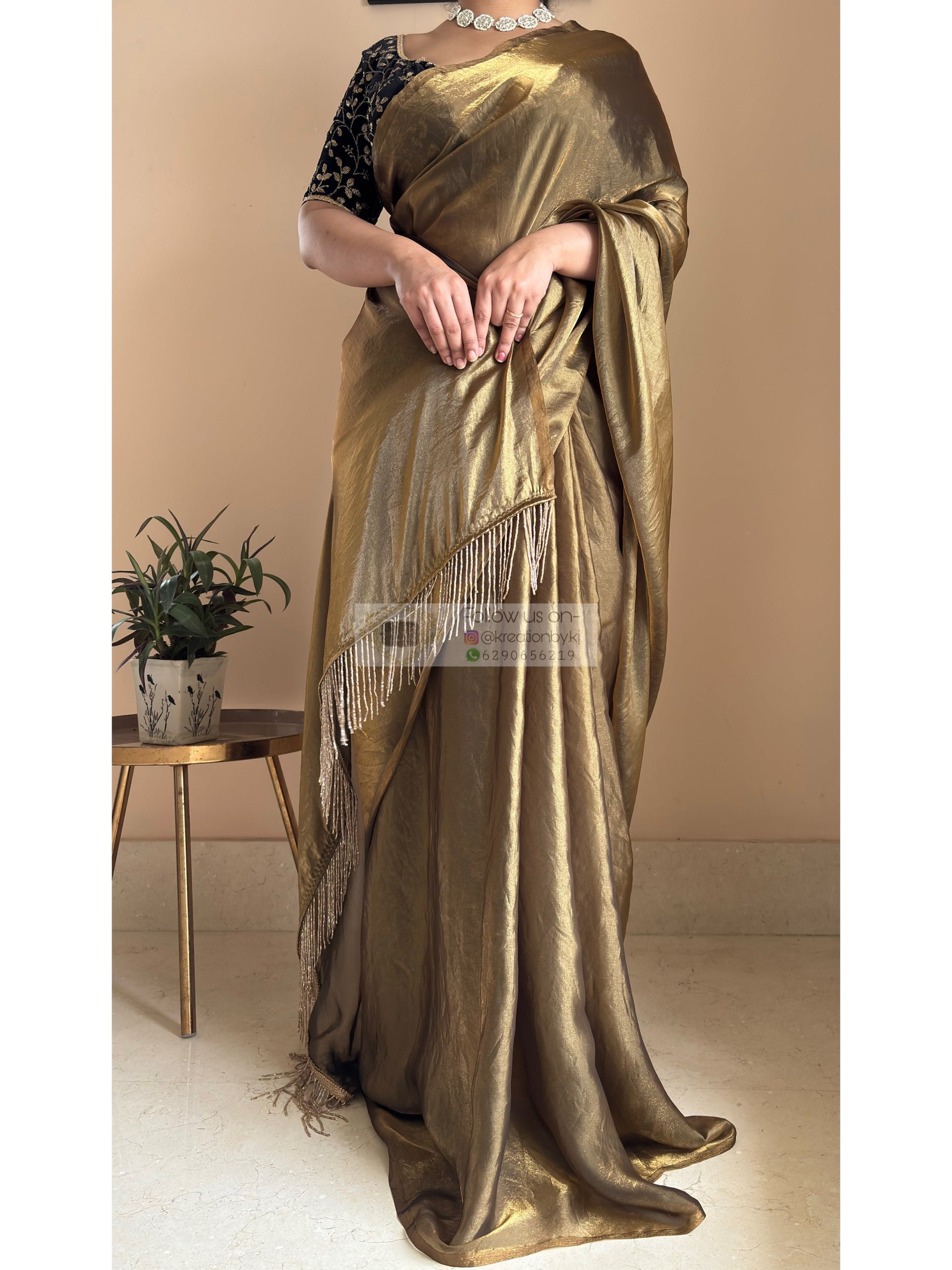 Molten Golden Shimmer Satin Saree With Handmade Tassels on Pallu kreationbykj