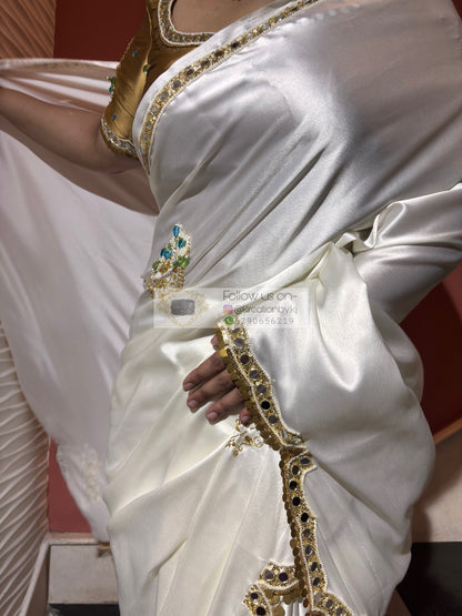 Snow Creme Satin Silk Saree With Real Mirror Work Kreation by KJ