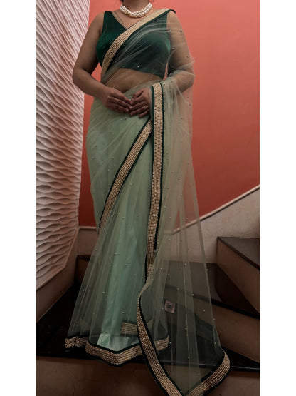 Pistachio Pearl Designer Net Saree With Pearl Border